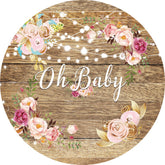 Rosa Blumen Oh Baby Runden Hölzern Baby Dusche Hintergrund